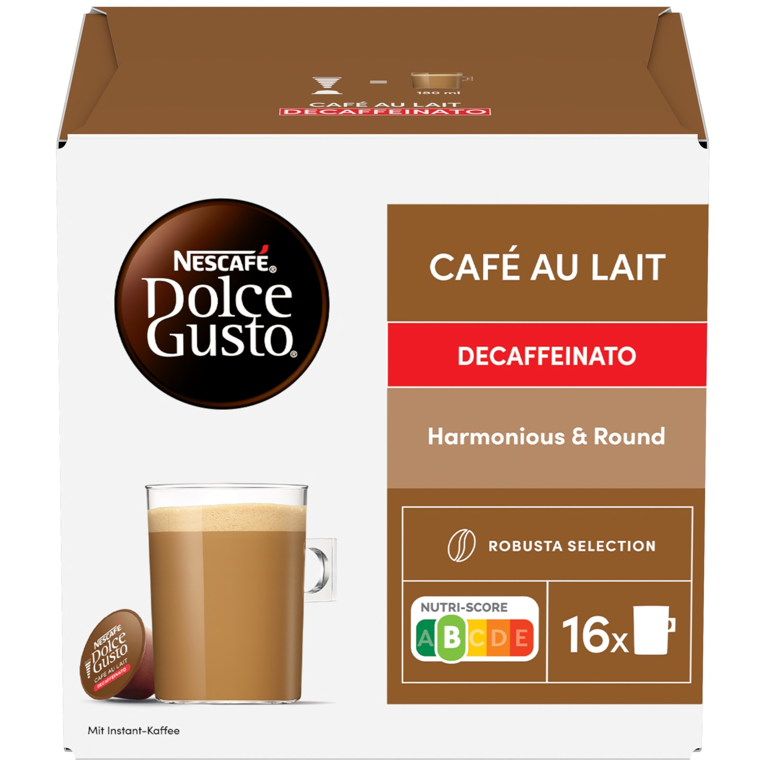 Nescafé Dolce Gusto coffee pack with cup and capsule. Decaffeinato.