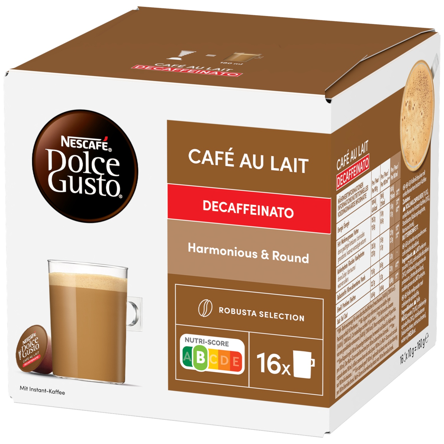 Nescafe Dolce Gusto box with 16 pods of Café au Lait Decaffeinato.