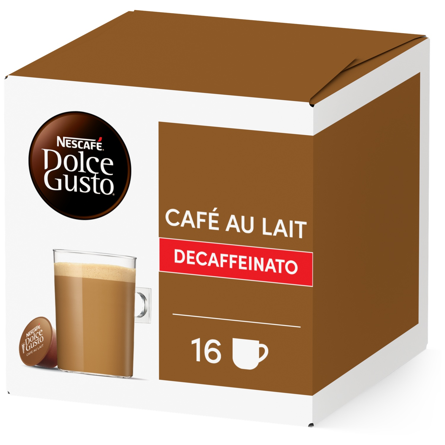 A brown Nescafé Dolce Gusto box shows a cup of coffee with milk foam.