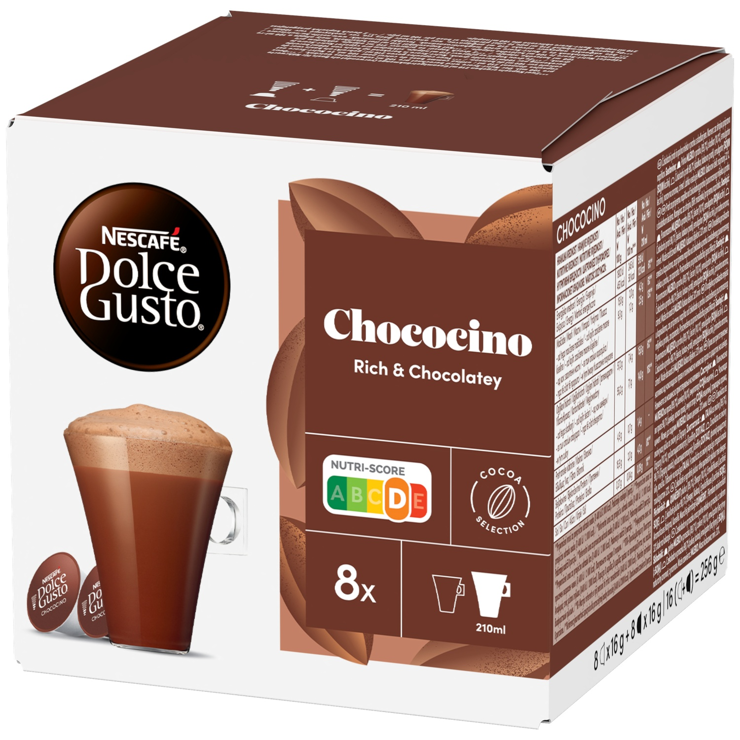 Nescafe Dolce Gusto Chococino box with cup and capsules, brown.