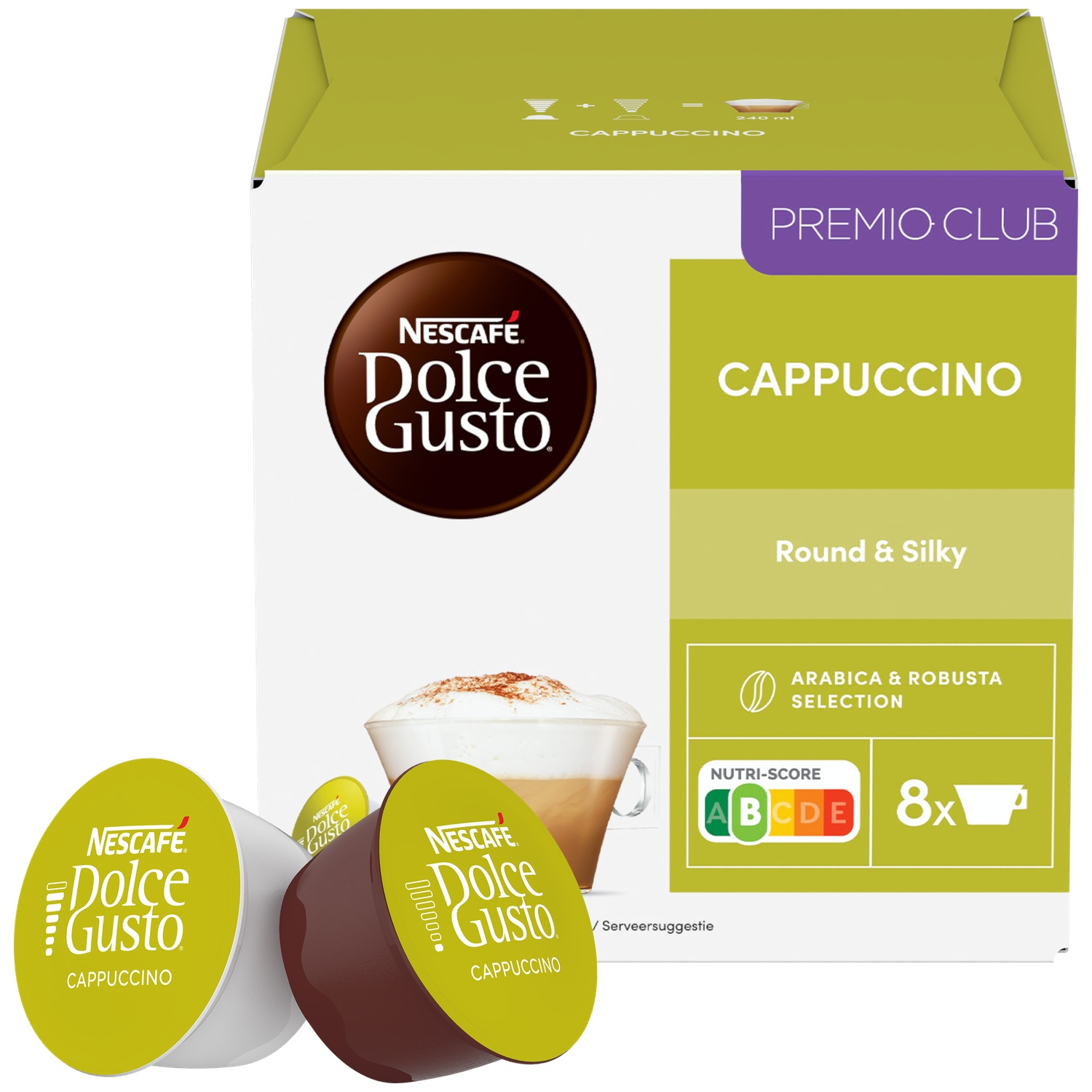 Nescafe Dolce Gusto Cappuccino pods box with coffee cup and two pods.