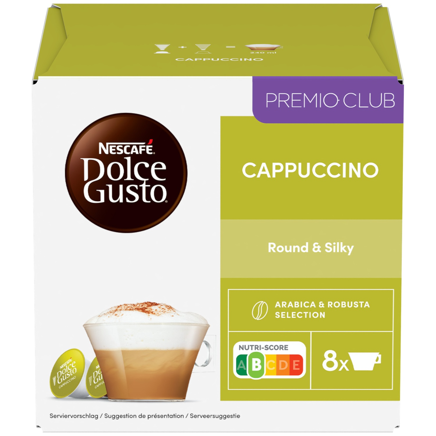 Nescafé Dolce Gusto Cappuccino box with a cup of coffee and capsules.