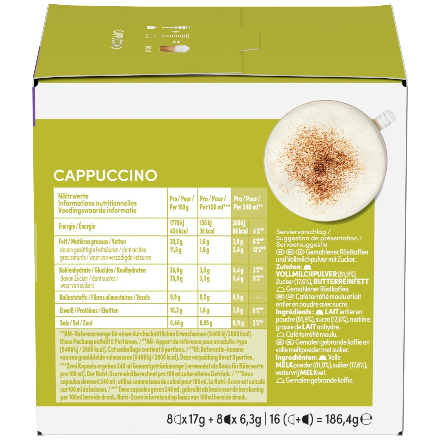 Package with "CAPPUCCINO" label, nutritional info, and a cup of cappuccino.