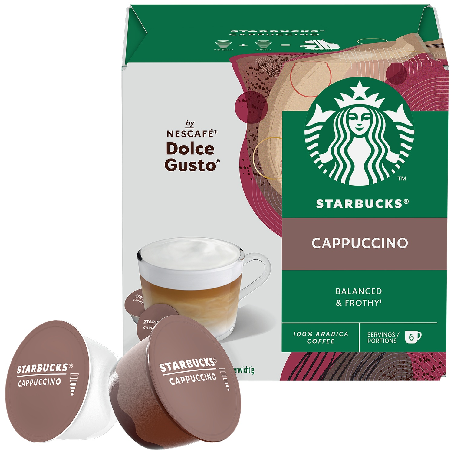 Starbucks Cappuccino capsules by Nescafé Dolce Gusto with a prepared cappuccino drink.