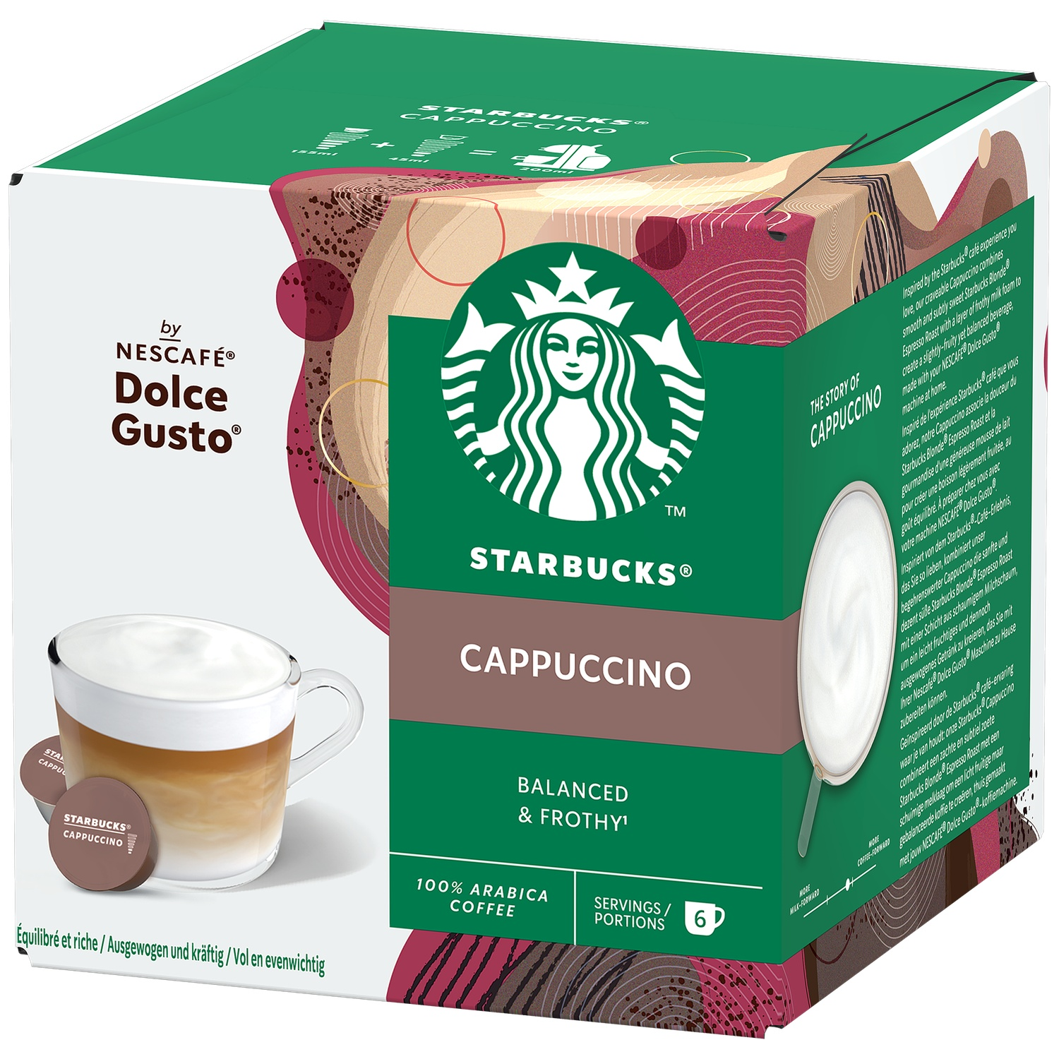 Starbucks Cappuccino pods for Nescafé Dolce Gusto with cup and pods.