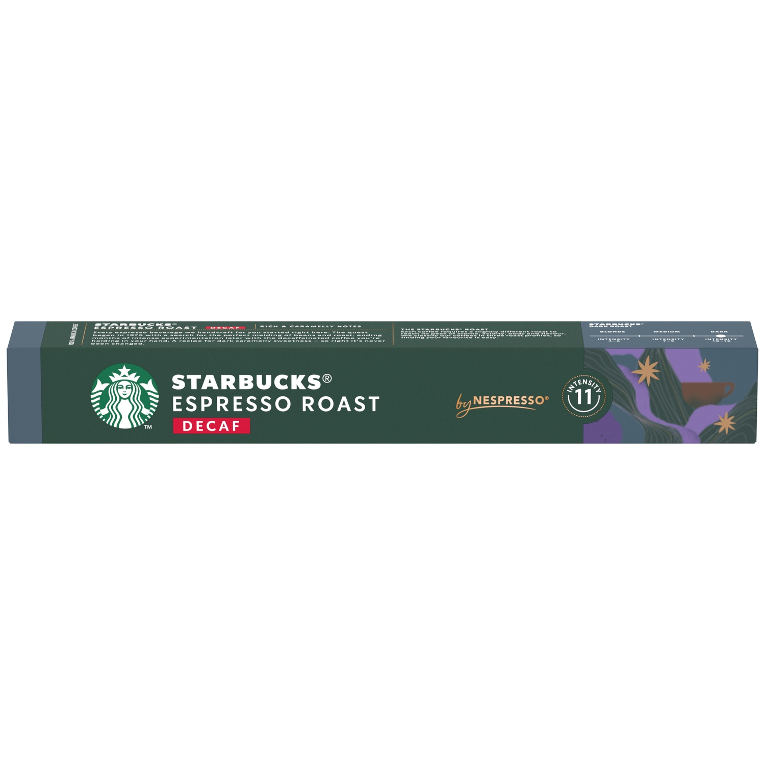 Starbucks Espresso Roast Decaf Nespresso coffee pods, intensity 11.