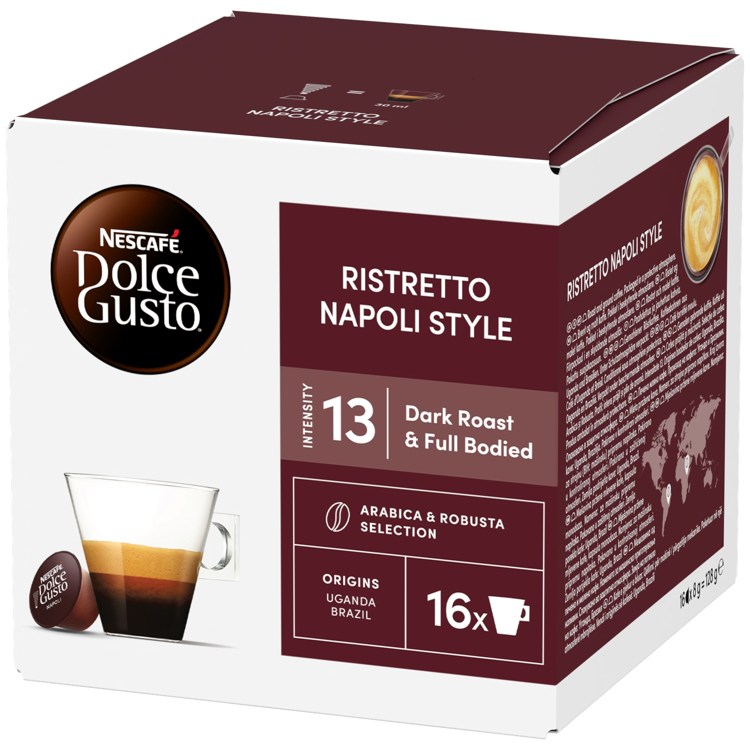 Nescafé Dolce Gusto Ristretto Napoli Style capsules with a cup of coffee, intensity 13.