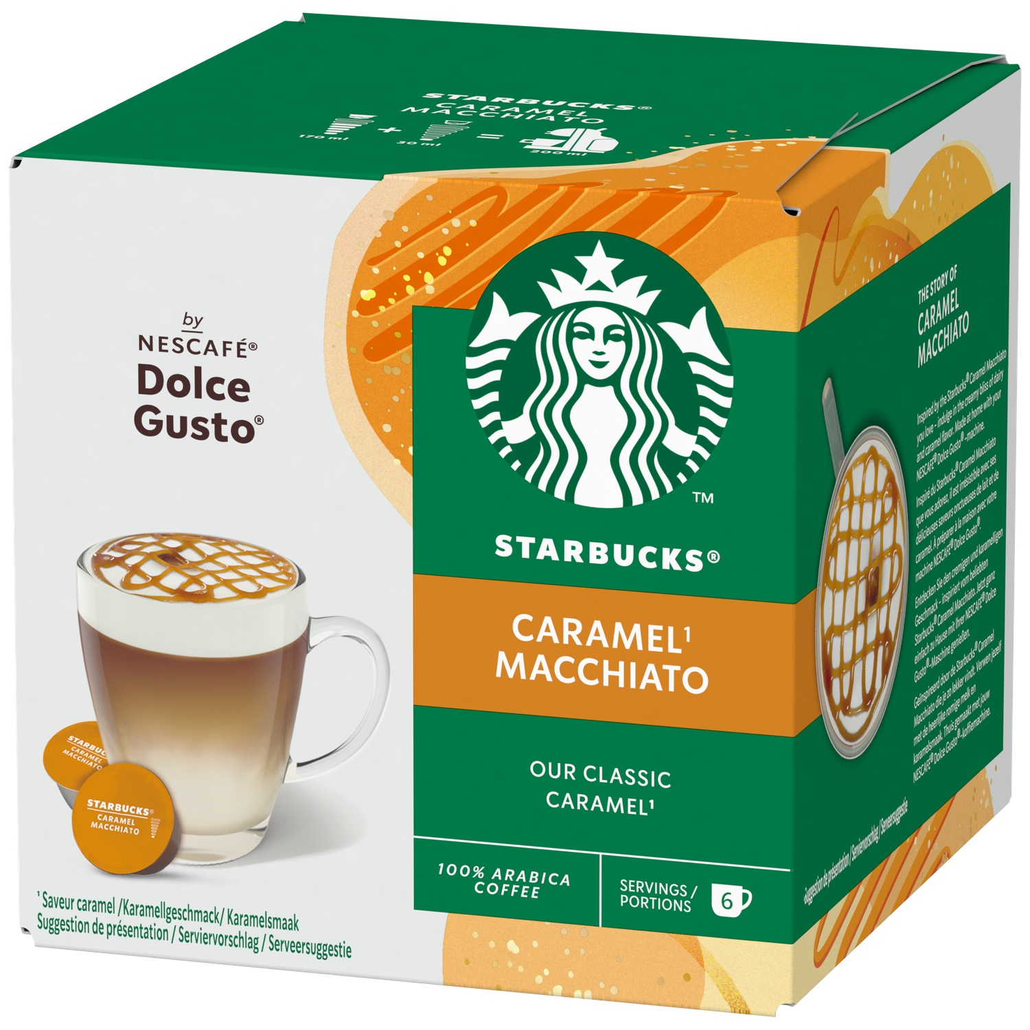 Starbucks Caramel Macchiato Dolce Gusto box with a glass of coffee and two pods.