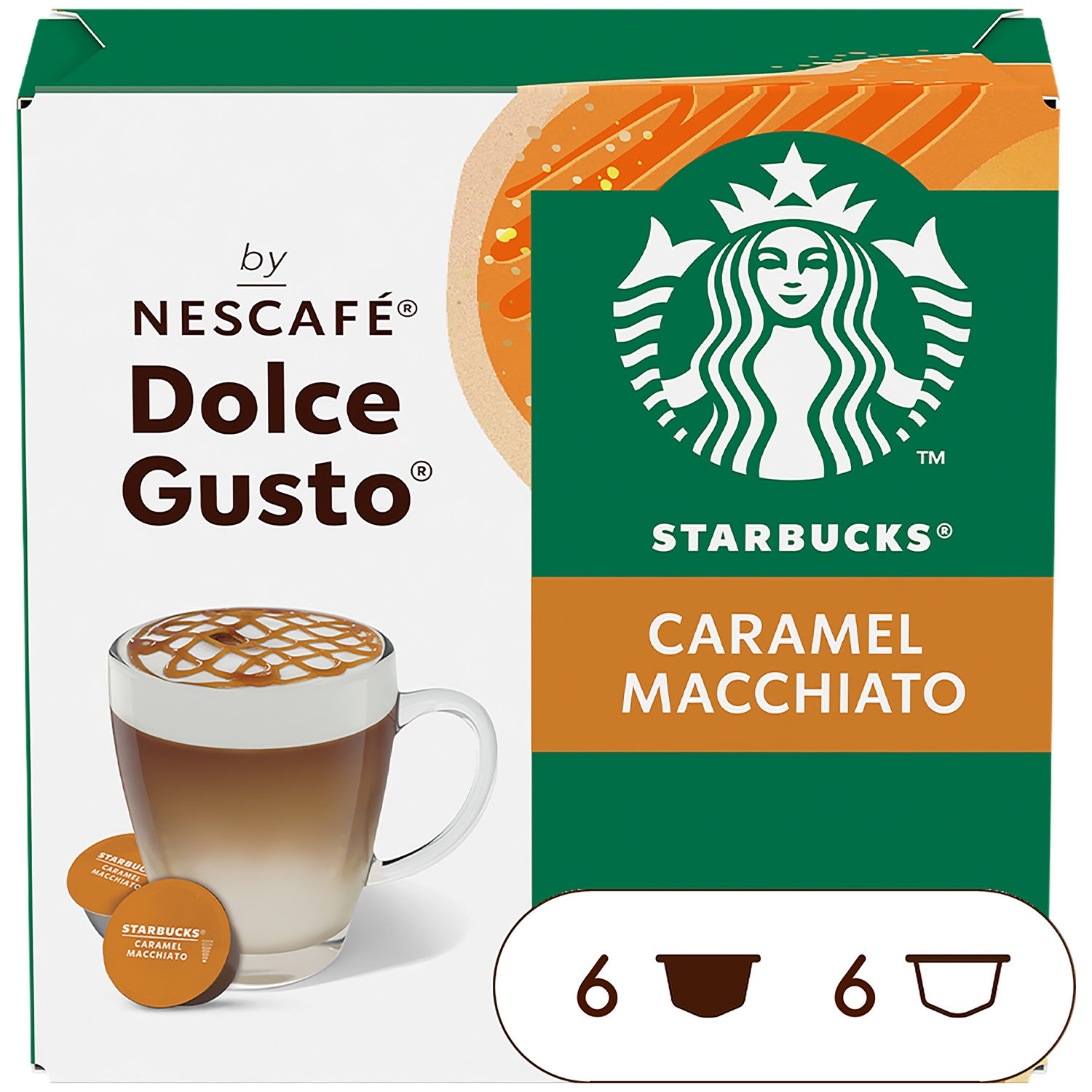 NESCAFÉ Dolce Gusto Starbucks Caramel Macchiato box with cup and capsules.