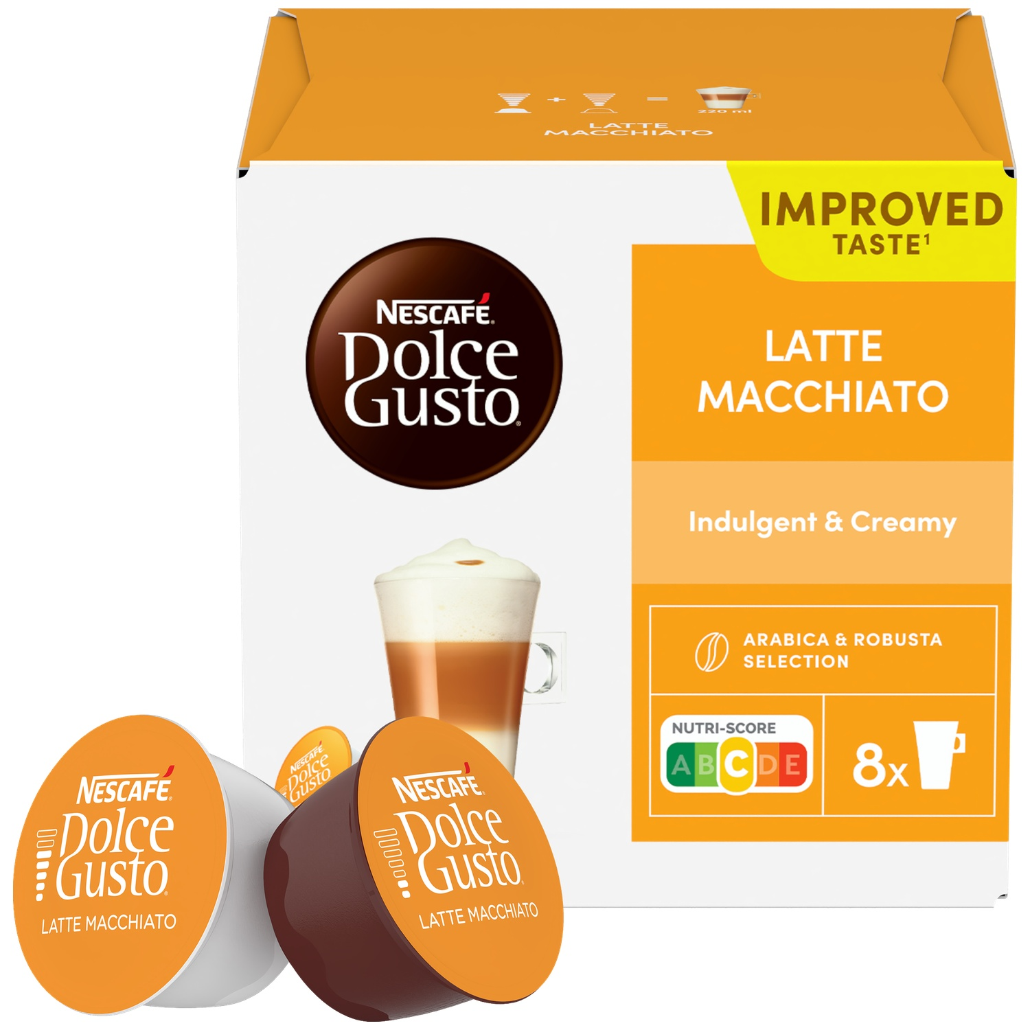 Nescafé Dolce Gusto Latte Macchiato box with capsules and a glass of coffee.