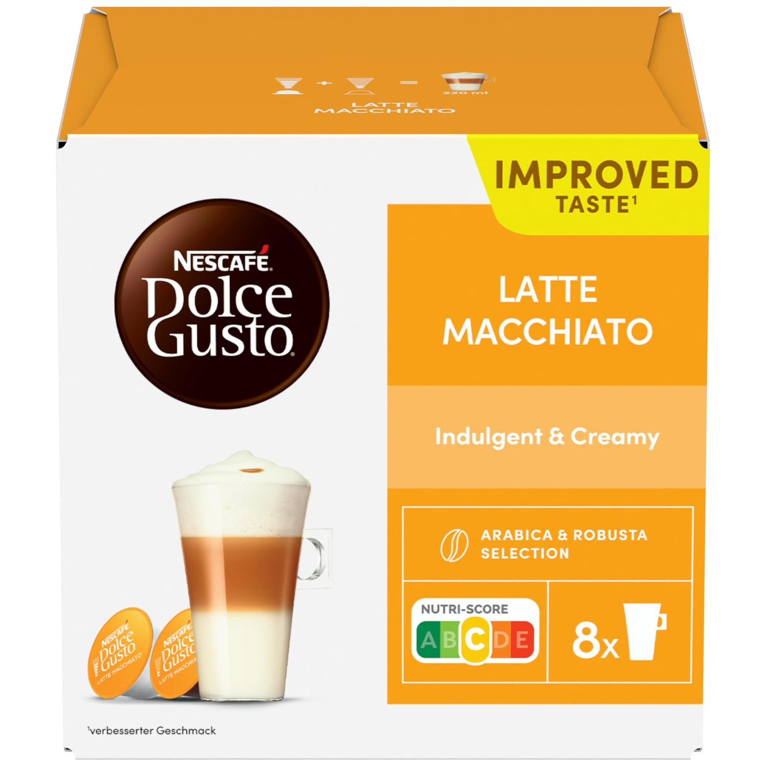 Nescafé Dolce Gusto Latte Macchiato box with a glass and capsules.