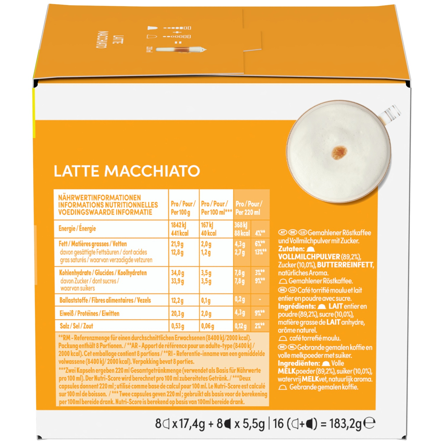 Package with nutritional information for Latte Macchiato, ingredients and preparation.