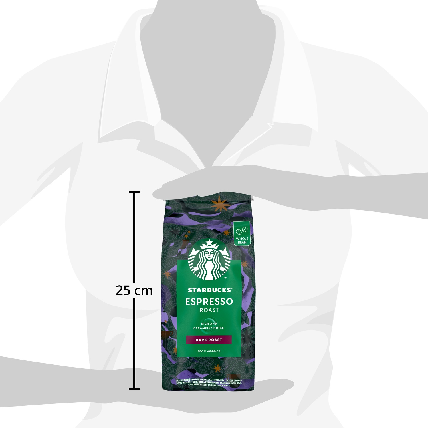 A 25cm bag of Starbucks Espresso Roast dark roast coffee beans.