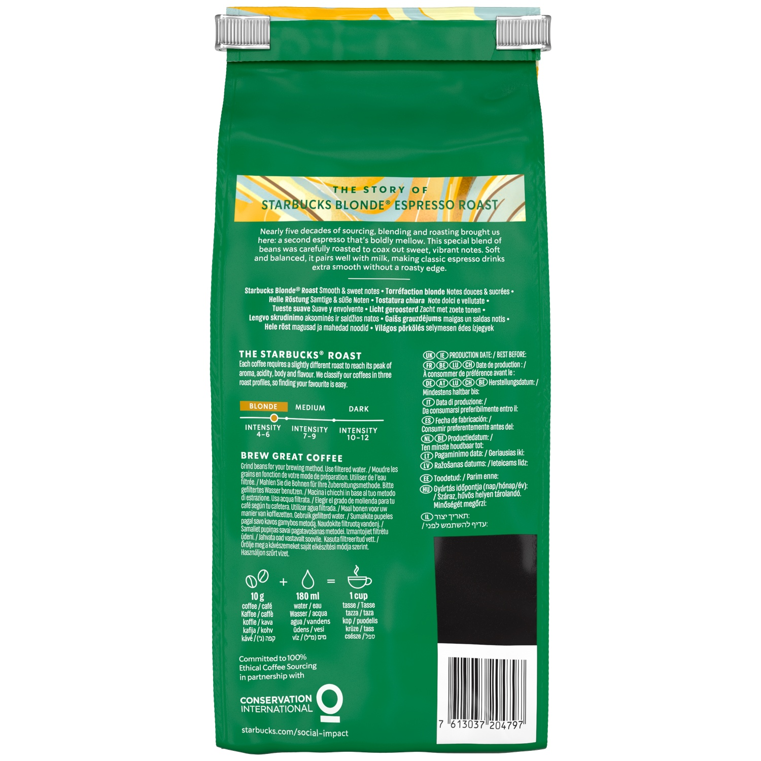 Green coffee bag with text and brewing instructions.
