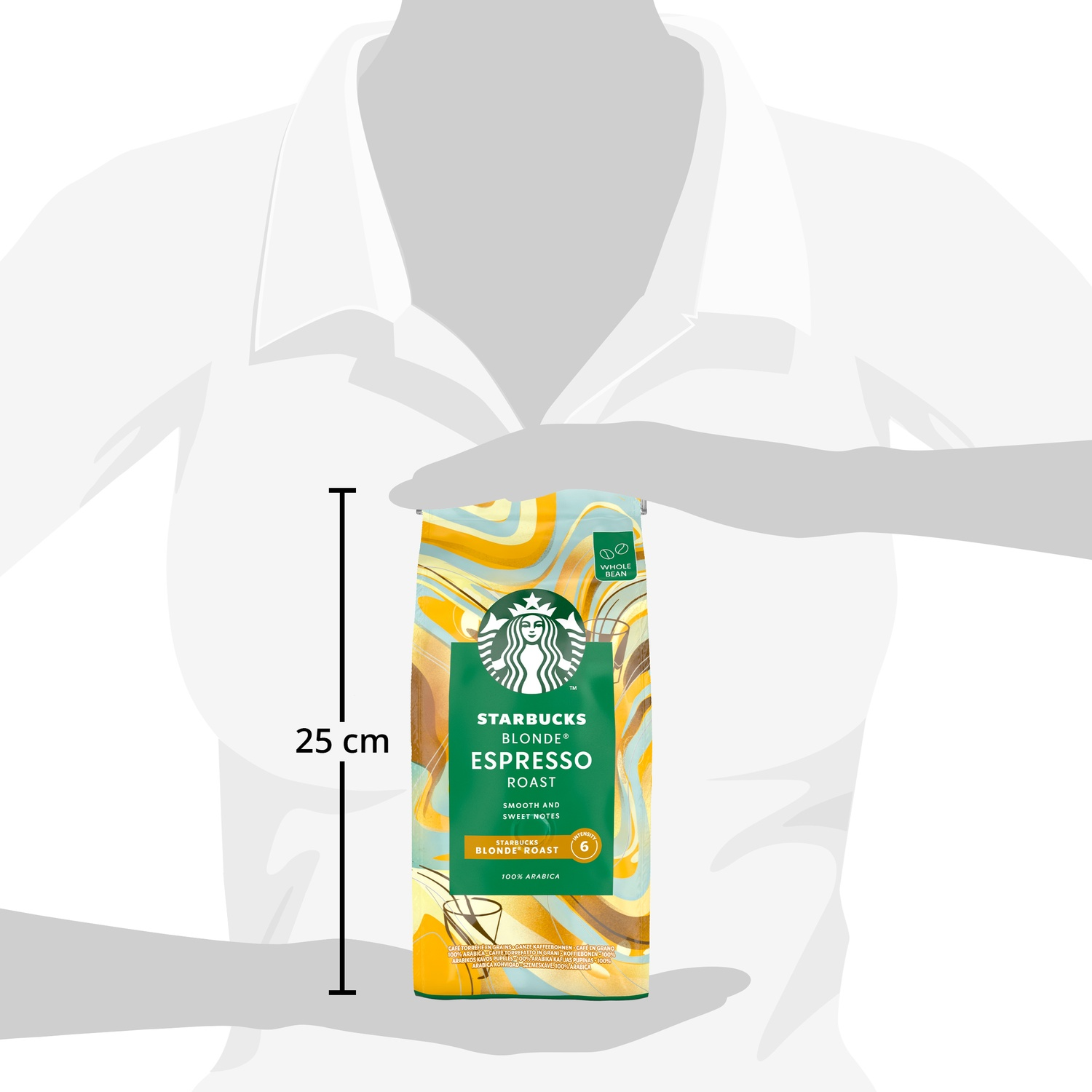 A bag of Starbucks Blonde Espresso Roast whole beans, 25 cm height indicated.