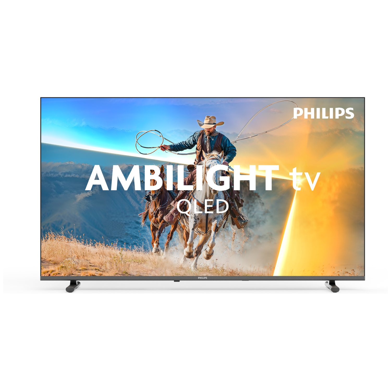 A cowboy on a horse with a lasso displayed on a Philips Ambilight TV screen.
