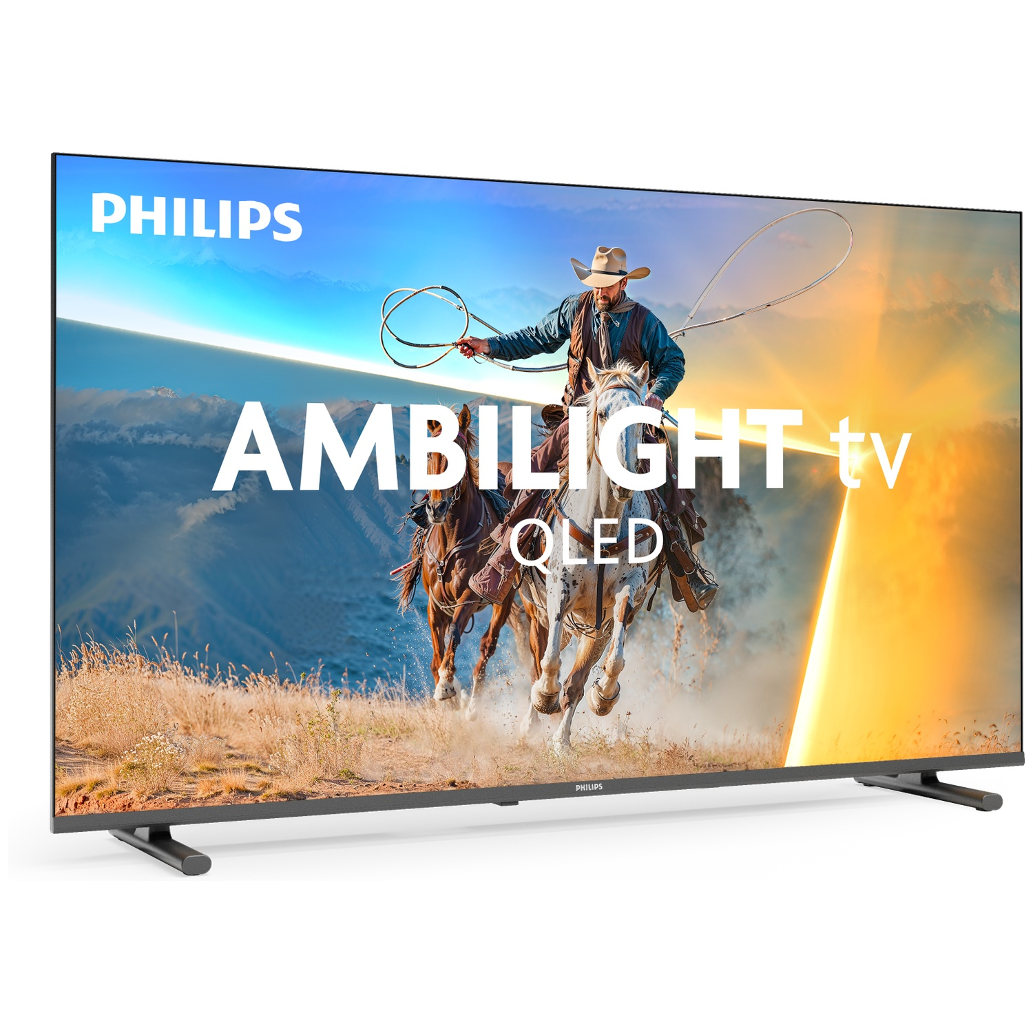 Philips Ambilight TV QLED showing cowboys on horses in a desert landscape.