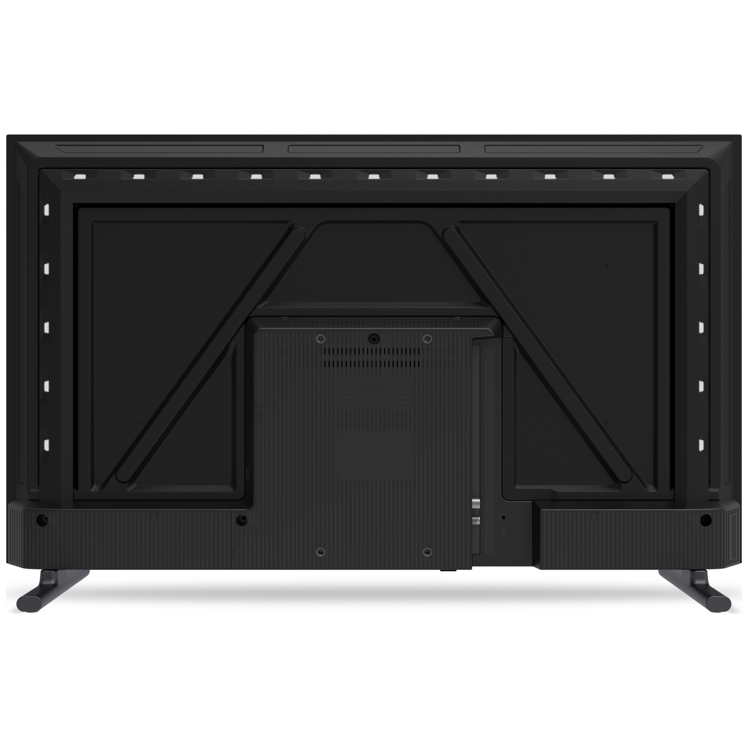 Rear view of a black television with stand and ports.