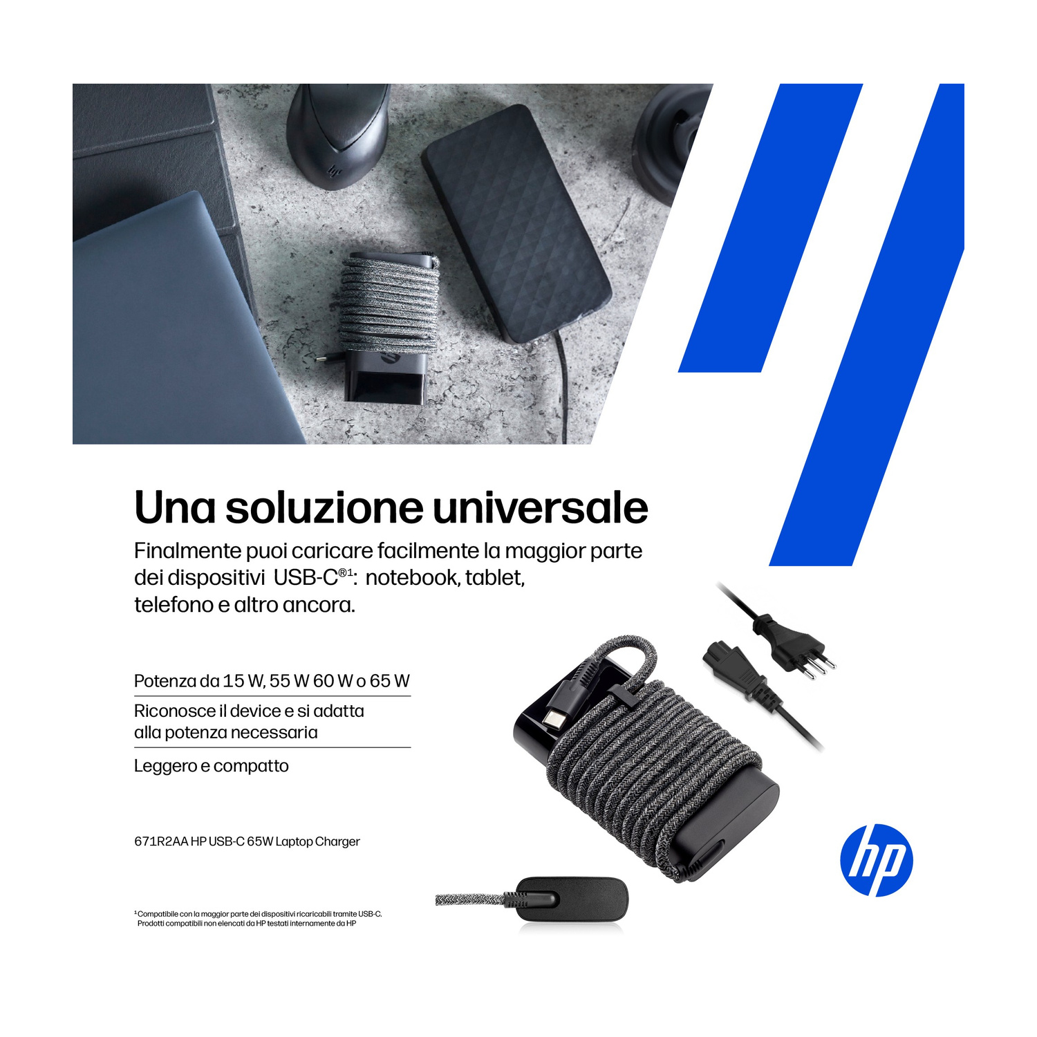 Caricatore HP USB-C nero con cavo avvolto attorno all'adattatore.