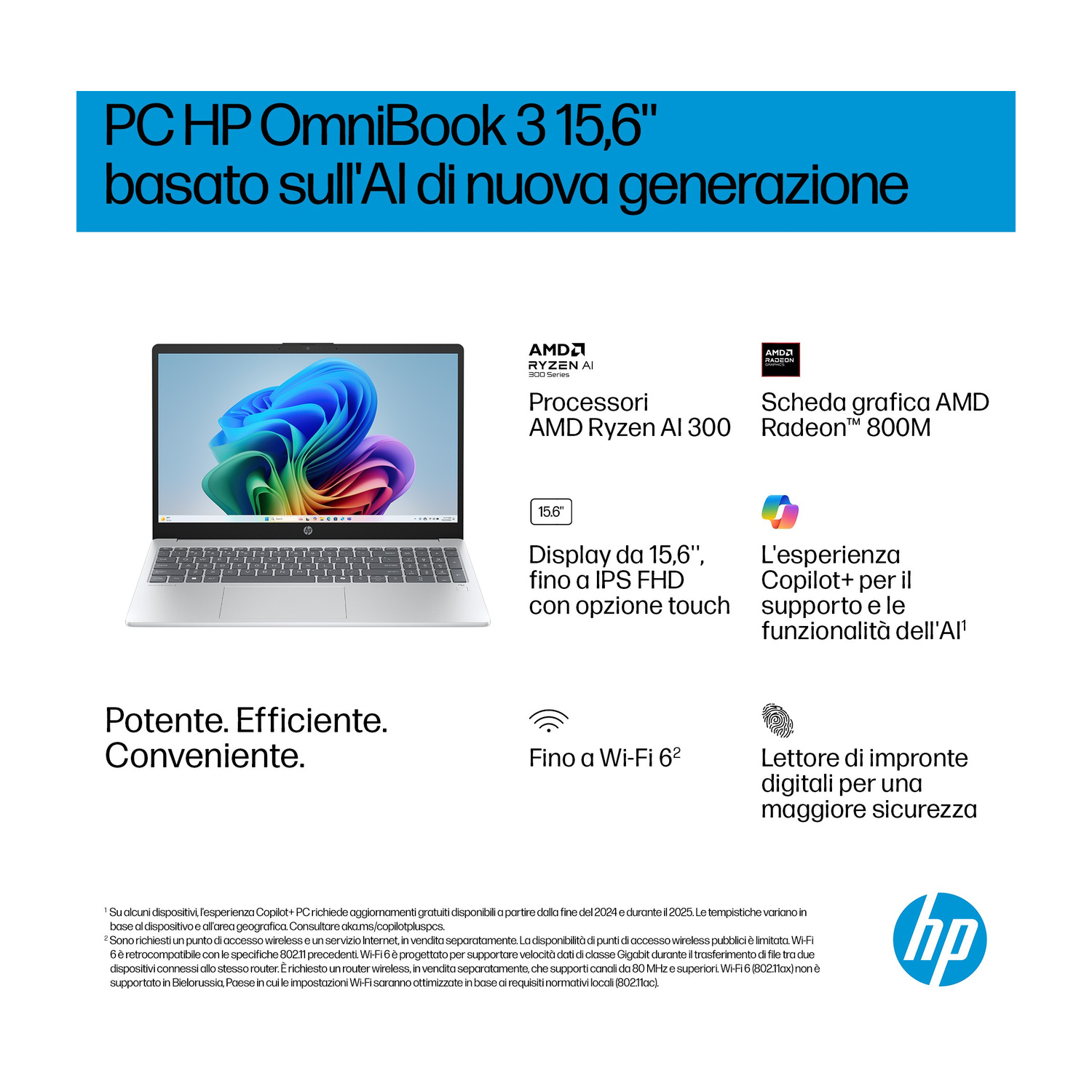 Portatile HP OmniBook 3 da 15,6" con processore AMD Ryzen AI 300 e grafica Radeon.