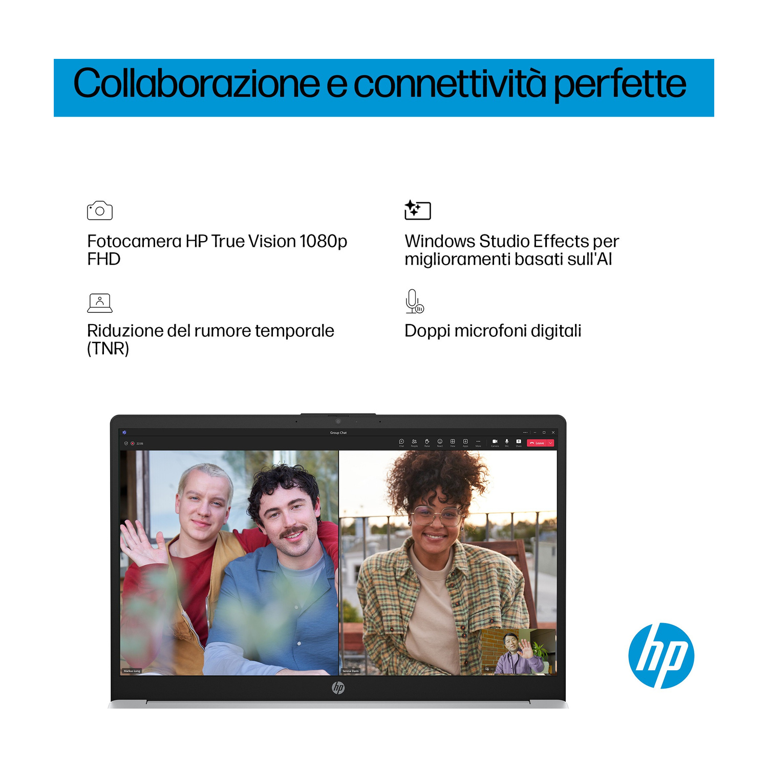 Schermo portatile mostra tre persone in videochiamata con logo HP.
