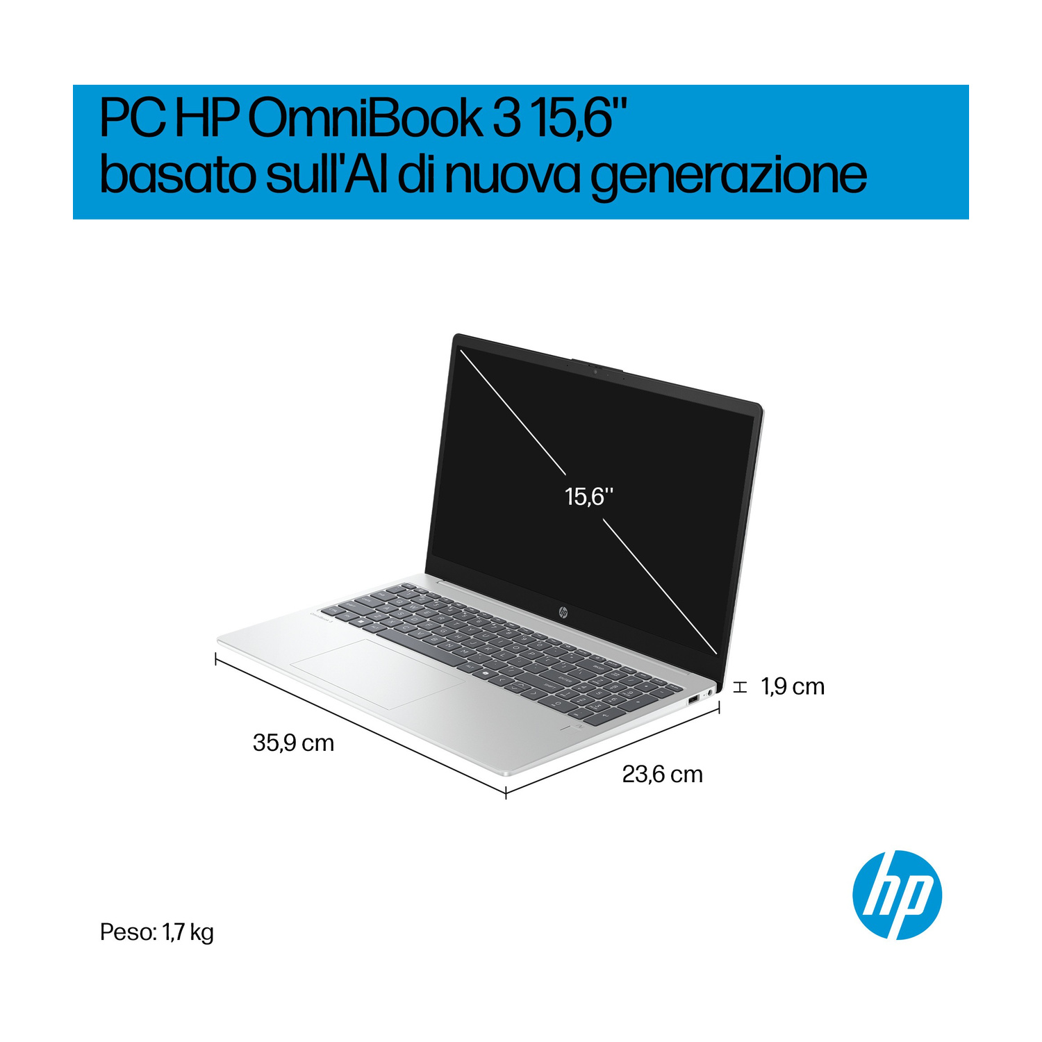 Un laptop HP OmniBook argento con schermo da 15,6 pollici, dimensioni e peso.