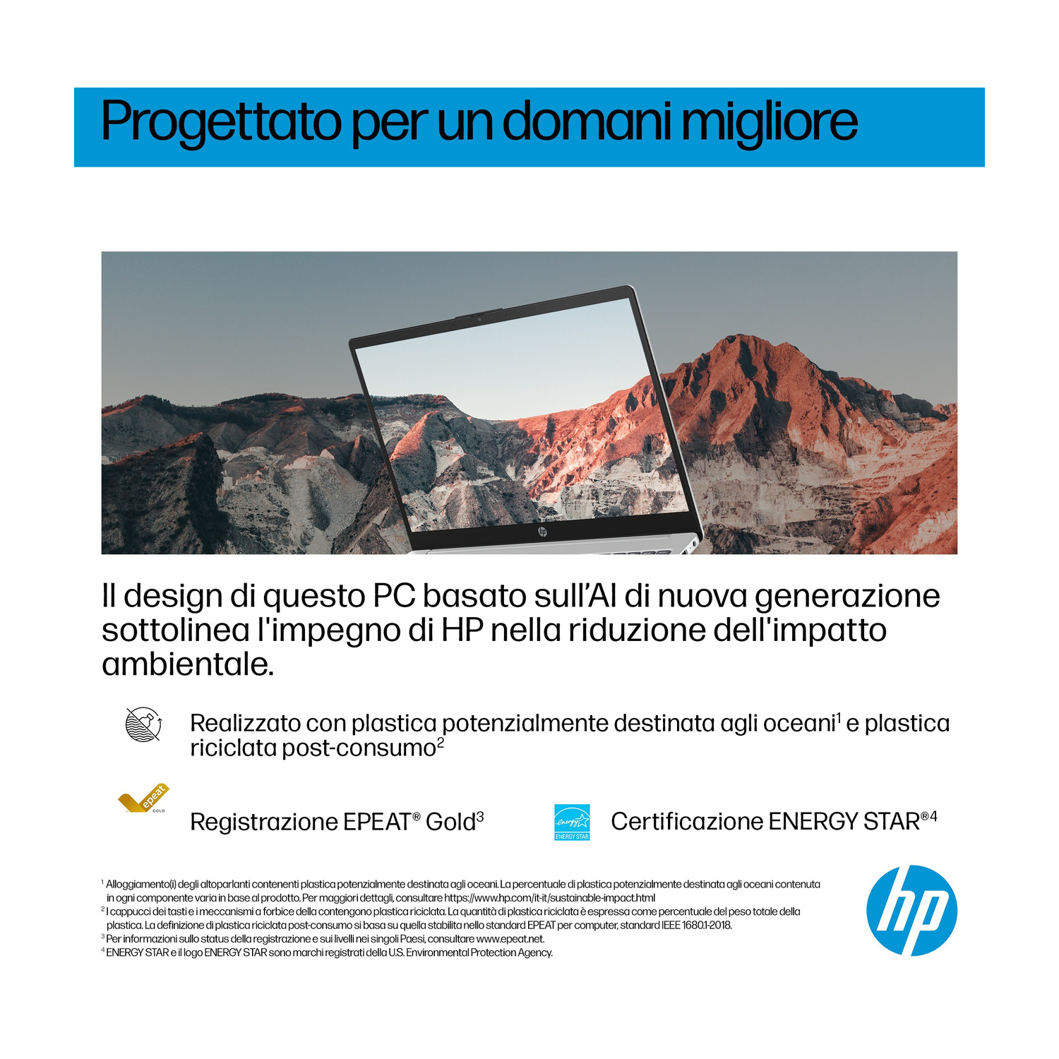 Un laptop mostra un paesaggio montano. È realizzato in plastica riciclata.