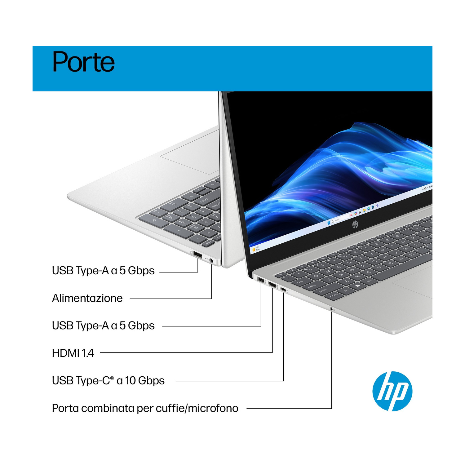 Un laptop HP argentato che mostra le porte etichettate: USB-A, alimentazione, HDMI e cuffie.