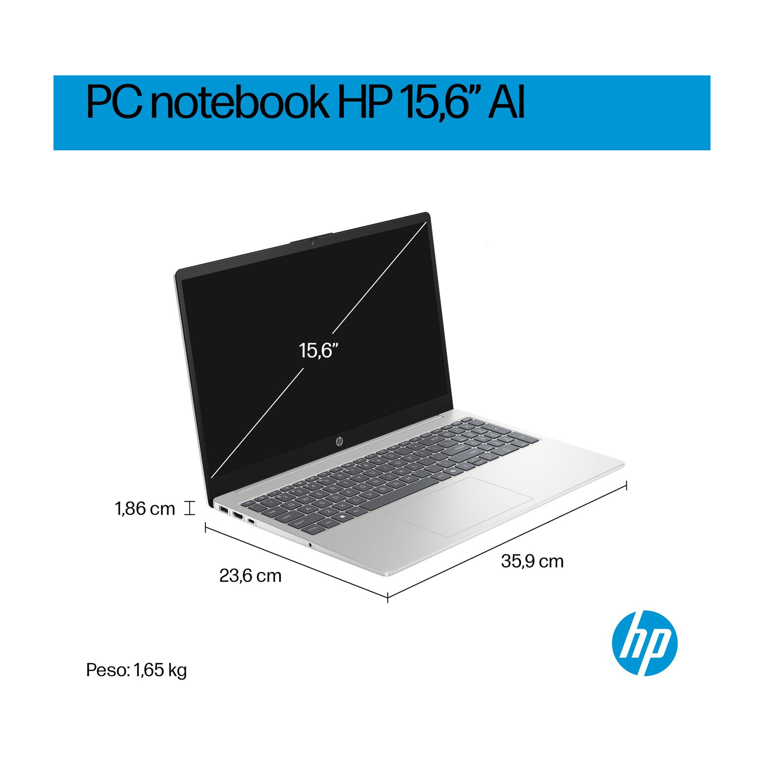 Notebook HP argento da 15,6 pollici, con dimensioni e peso.