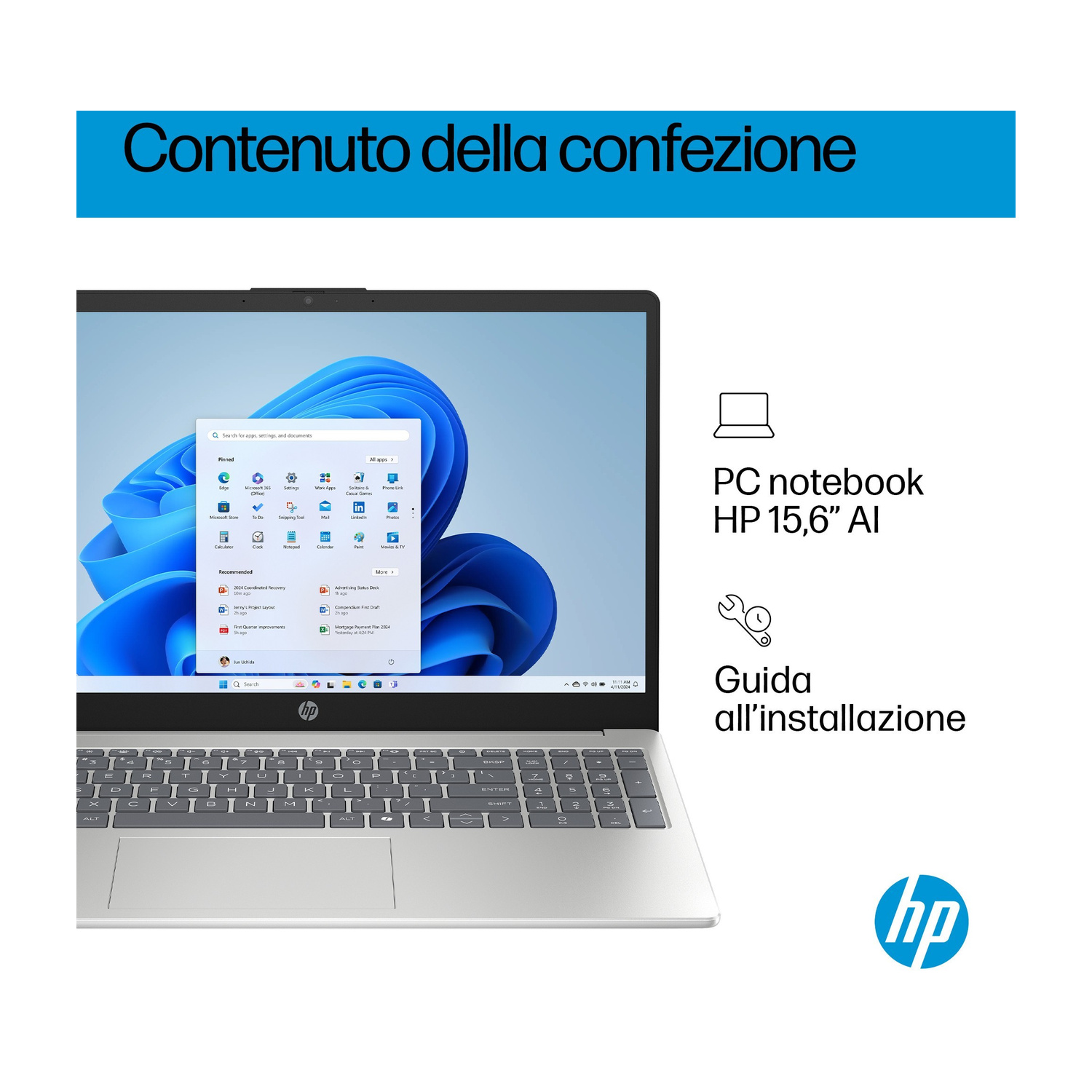 Notebook HP 15,6" con menu Start di Windows 11 e tastiera.