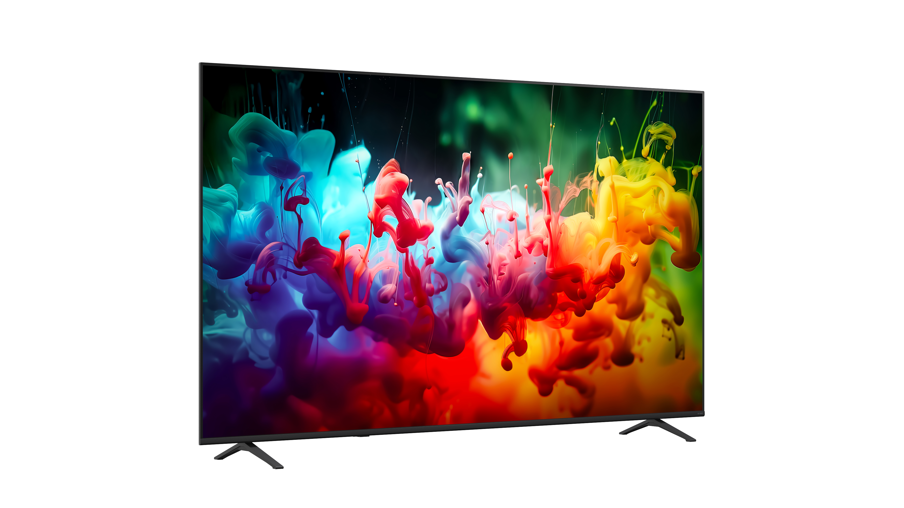 Ein großer Fernseher zeigt bunte Farbkleckse in blau, rot und gelb auf schwarzem Hintergrund.