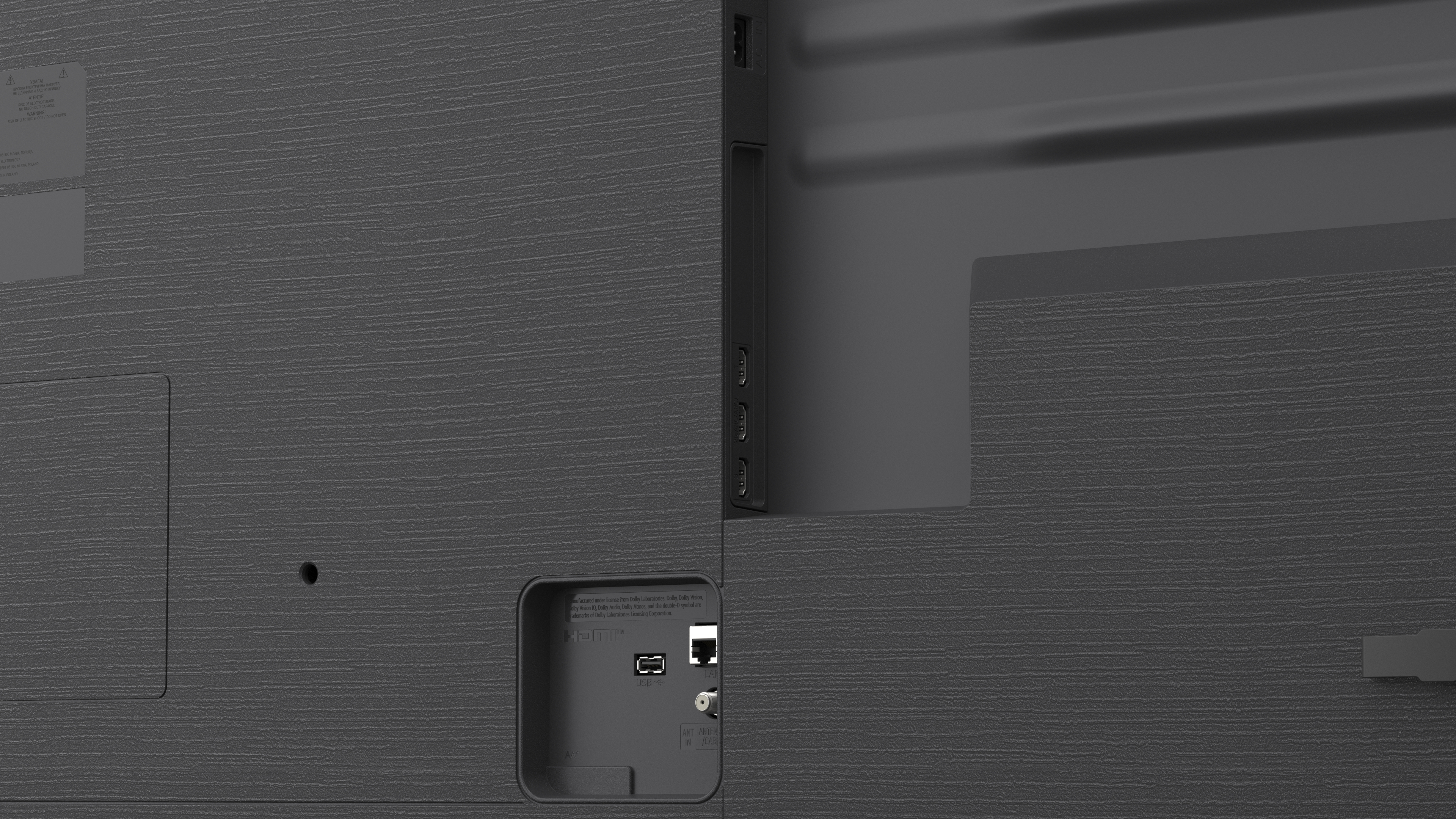 Rückseite eines Fernsehers mit HDMI-, USB- und Antennenanschlüssen.