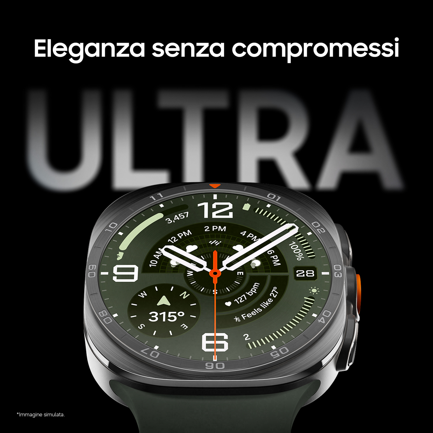 Uno smartwatch verde con display digitale che mostra "ULTRA" e "Eleganza senza compromessi".