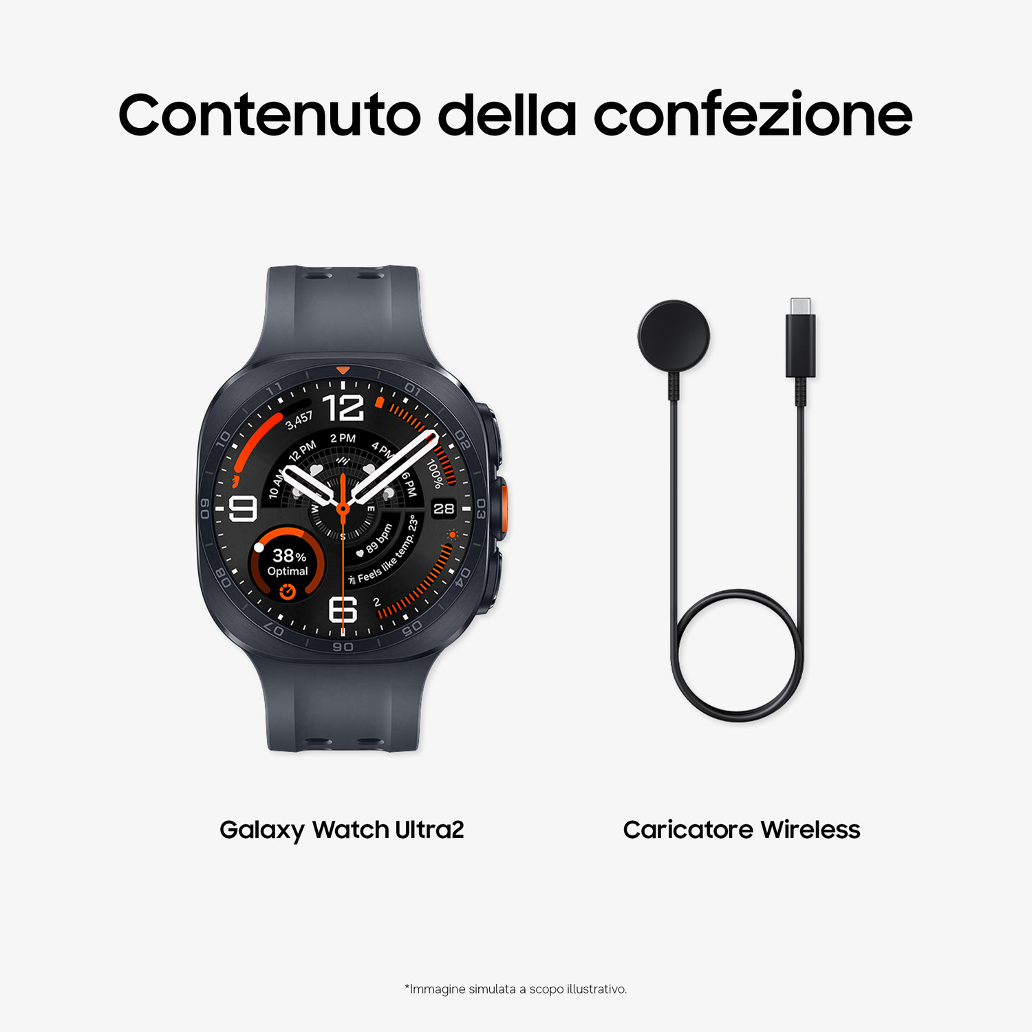 Un Galaxy Watch Ultra2 grigio e un caricatore wireless nero con cavo USB-C.