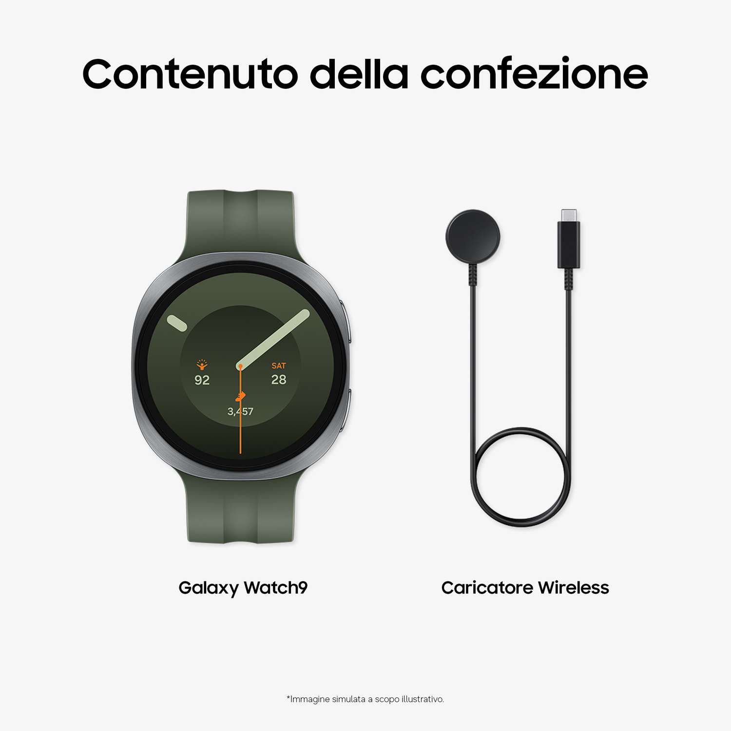 Orologio smart verde e caricatore wireless nero su sfondo bianco.