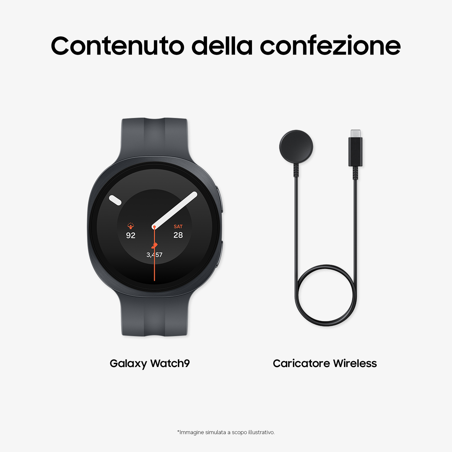 Galaxy Watch9 e caricatore wireless su sfondo bianco.
