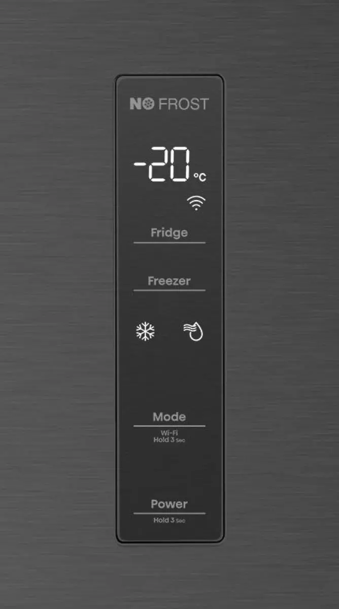 A kijelző -20°C-ot mutat, hűtő, fagyasztó, mód és tápellátás opciókkal.