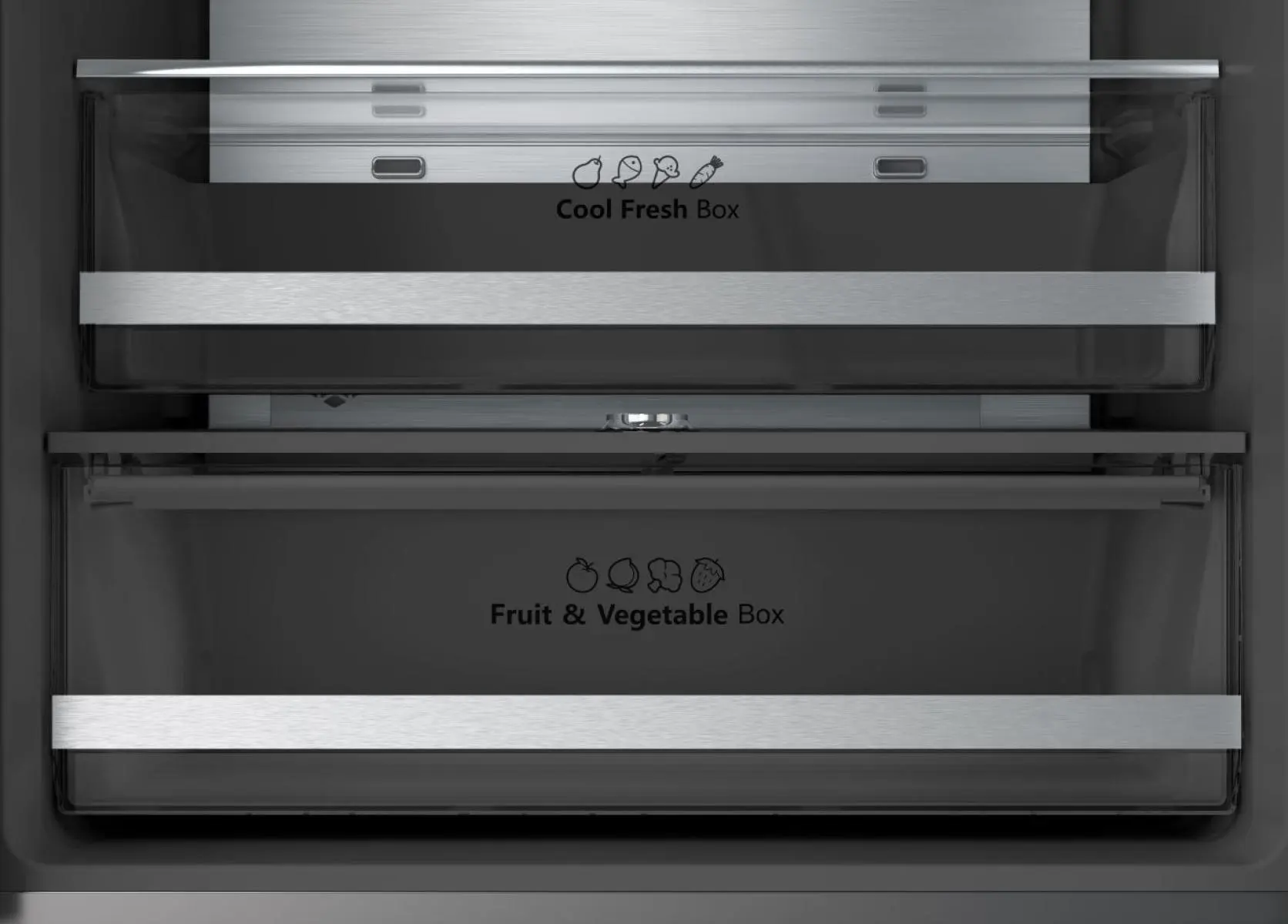 Két fiók egy hűtőben: felül 'Cool Fresh Box', alul 'Fruit & Vegetable Box'.