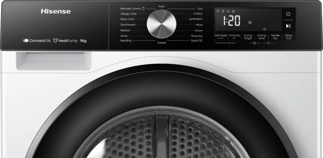 Hisense szárítógép kezelőpaneljének közeli felvétele digitális kijelzővel és tekerőgombbal.