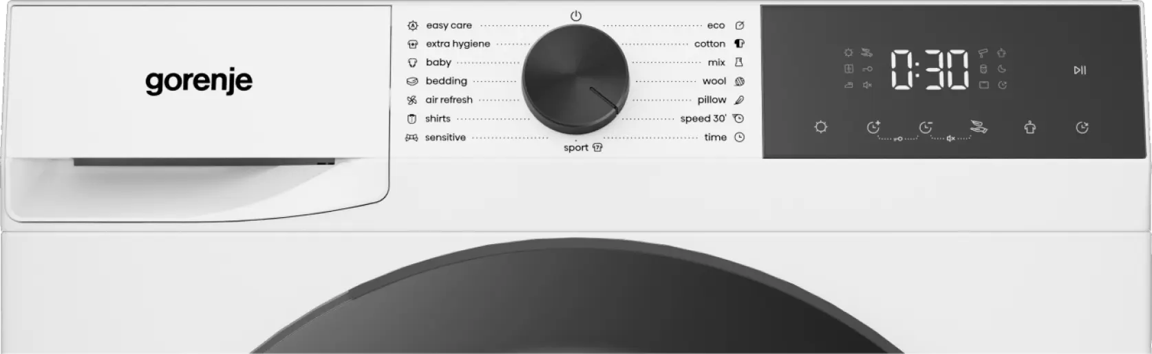Gorenje mosógép digitális kijelzővel és forgókapcsolóval. Programok: Eco, Pamut, Vegyes, Gyapjú, Baba.