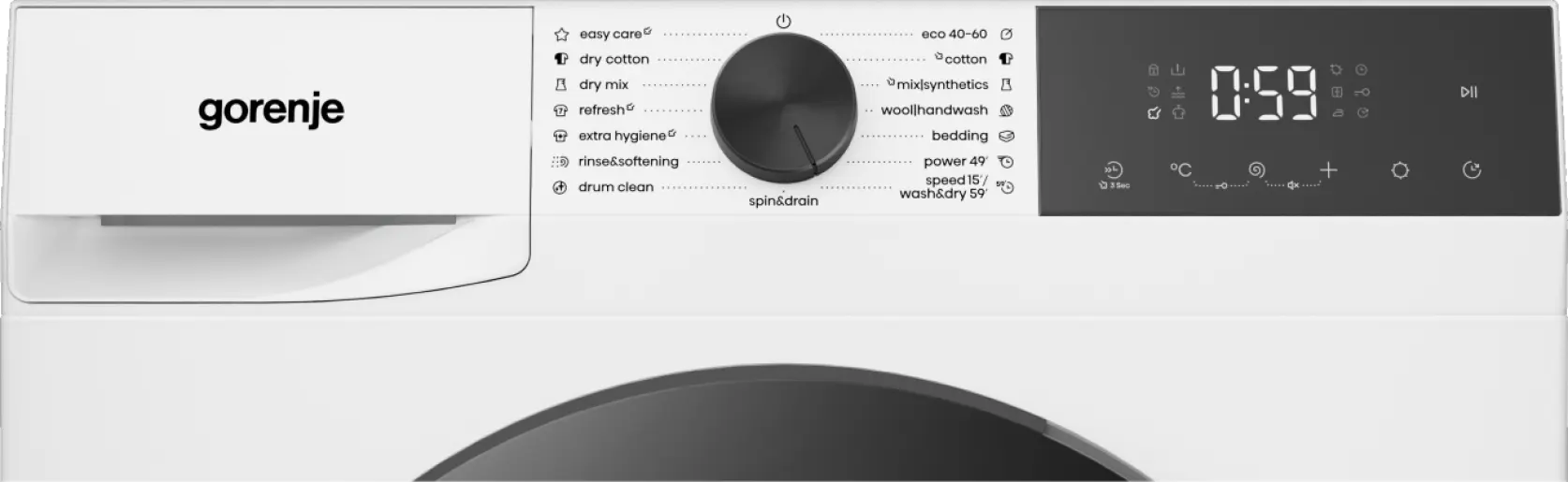 Gorenje mosógép digitális kijelzővel és programválasztó tárcsával.