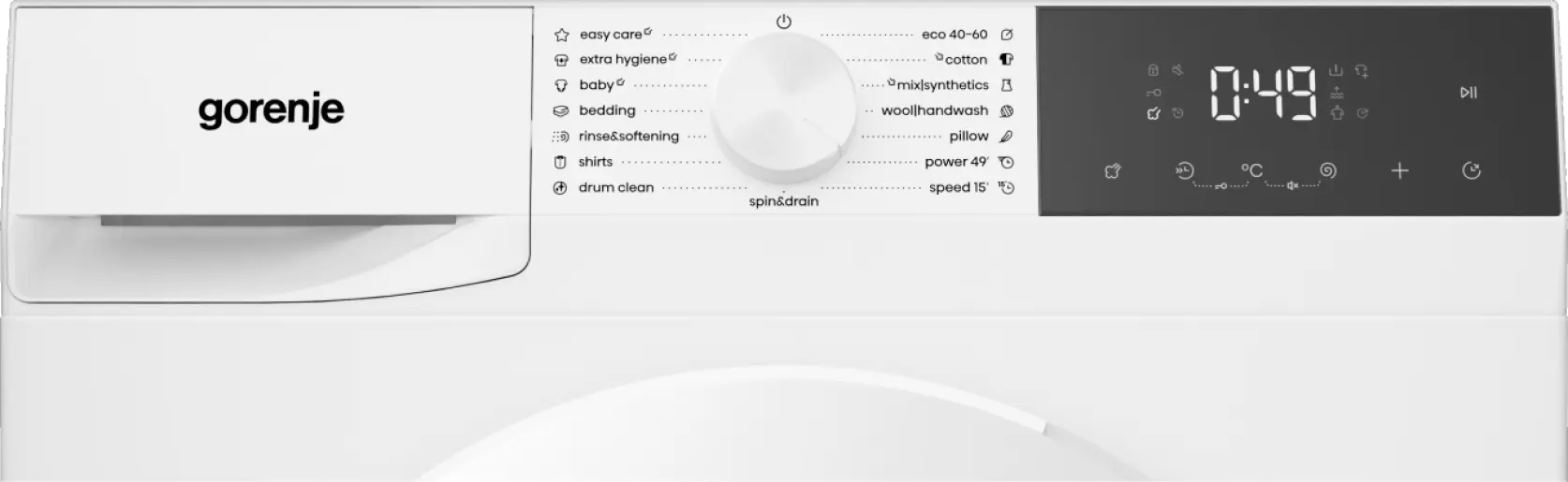 Fehér Gorenje mosógép kezelőpanel forgókapcsolóval és digitális kijelzővel.