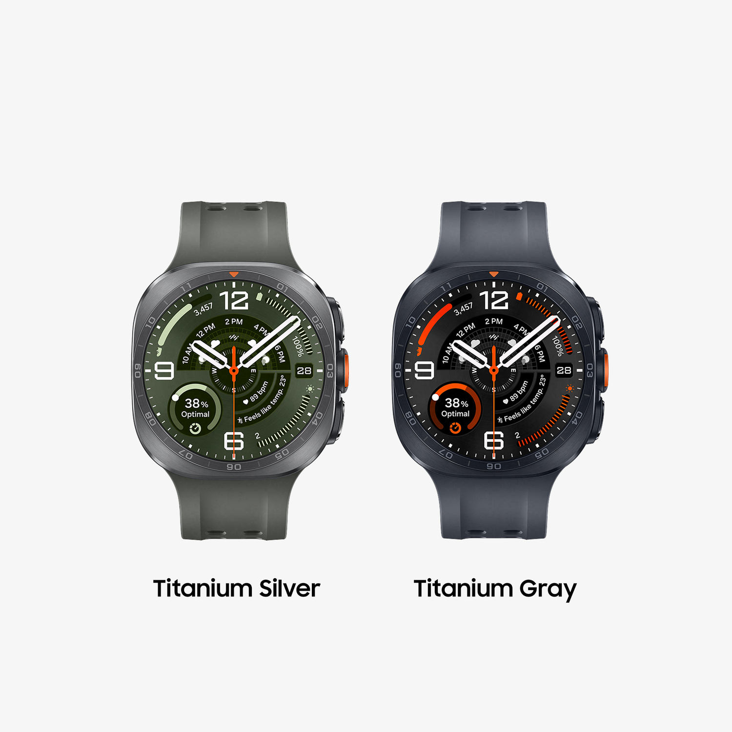 Due smartwatch una accanto all'altra, una in titanio argento, l'altra in titanio grigio.