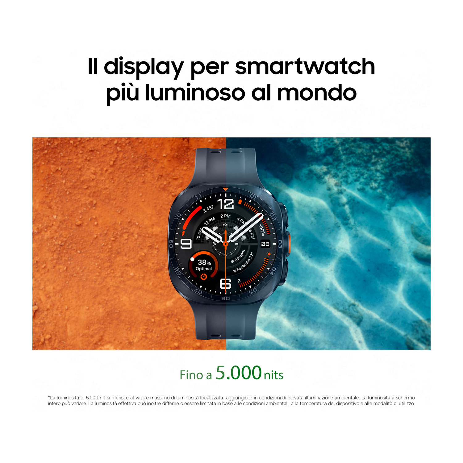 Display smartwatch da 5.000 nit su sfondo arancione e blu.