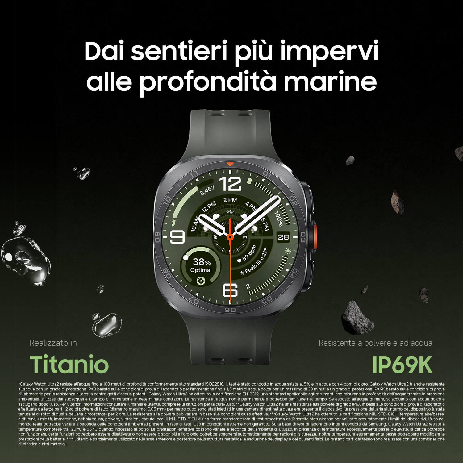Smartwatch grigio con quadrante rotondo, display dettagliato e testo.