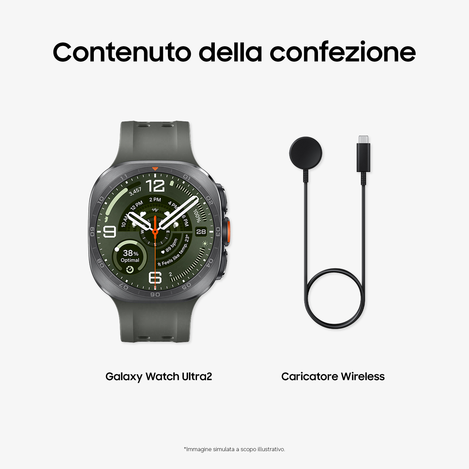 Orologio smart verde e caricatore wireless con cavo USB-C.