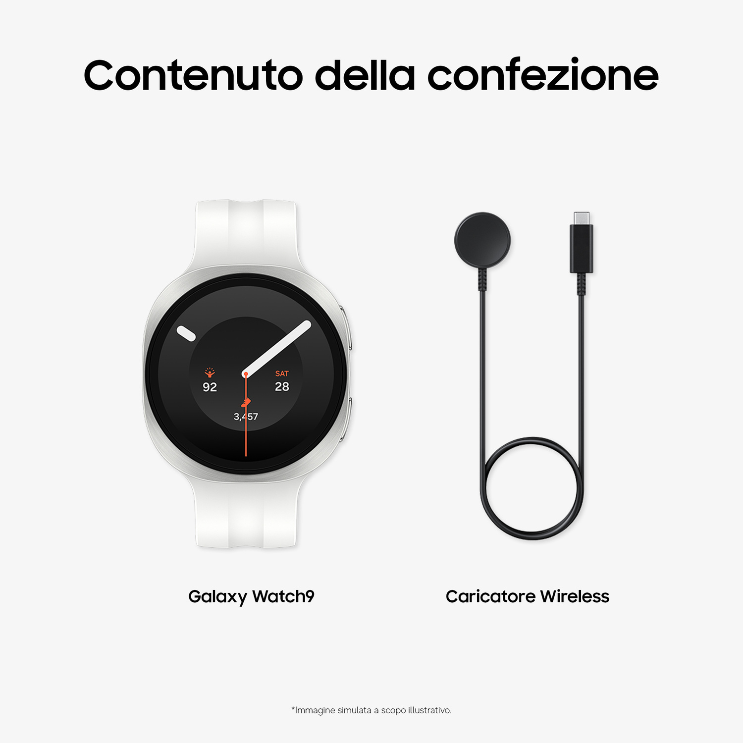 Galaxy Watch9 bianca e caricatore wireless nero con cavo.