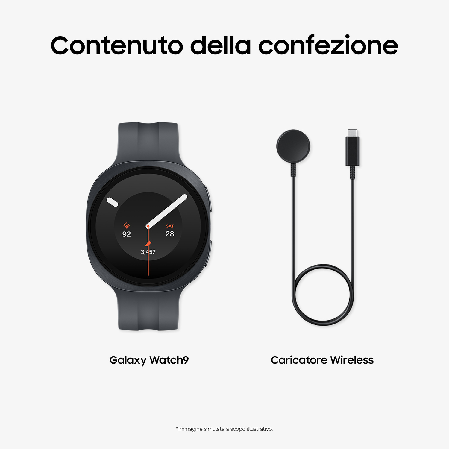 Galaxy Watch9 e caricatore wireless su sfondo bianco.