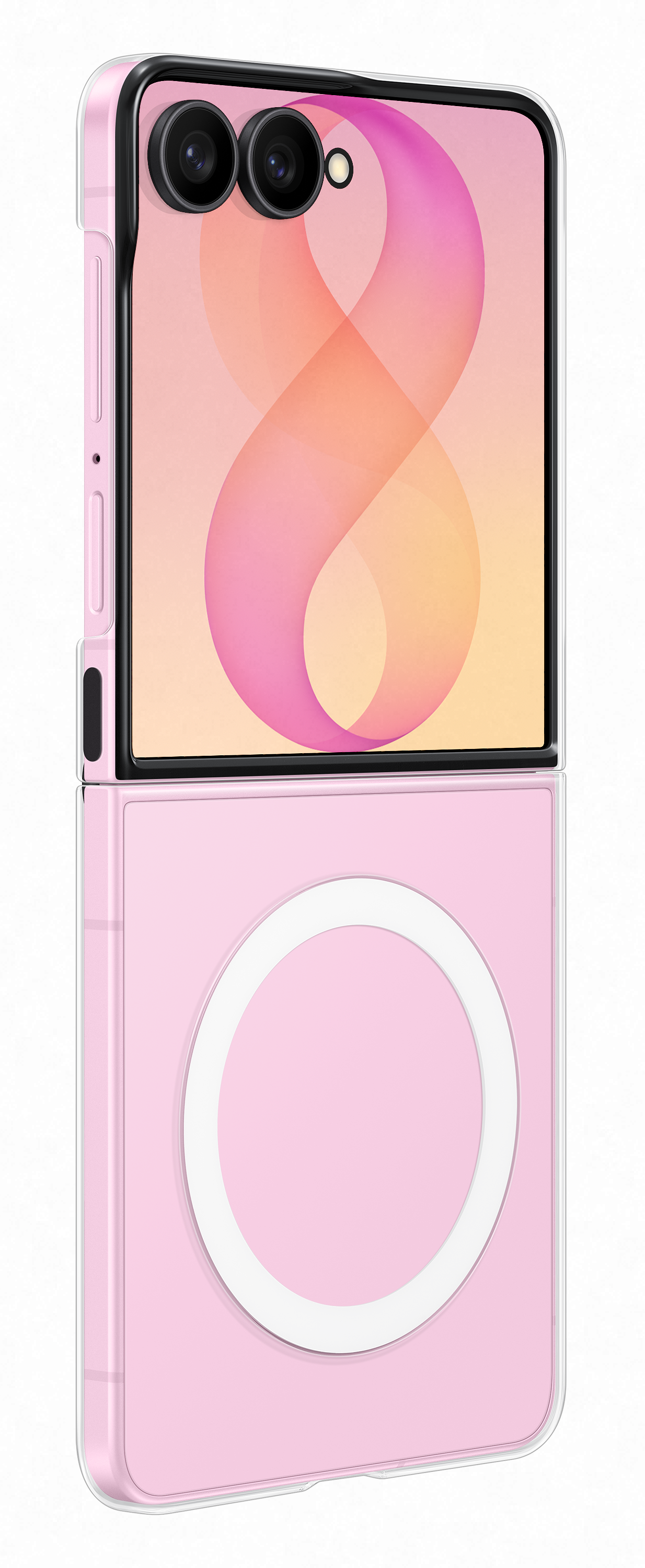 Różowy telefon składany z dwoma aparatami i kółkiem z tyłu.
