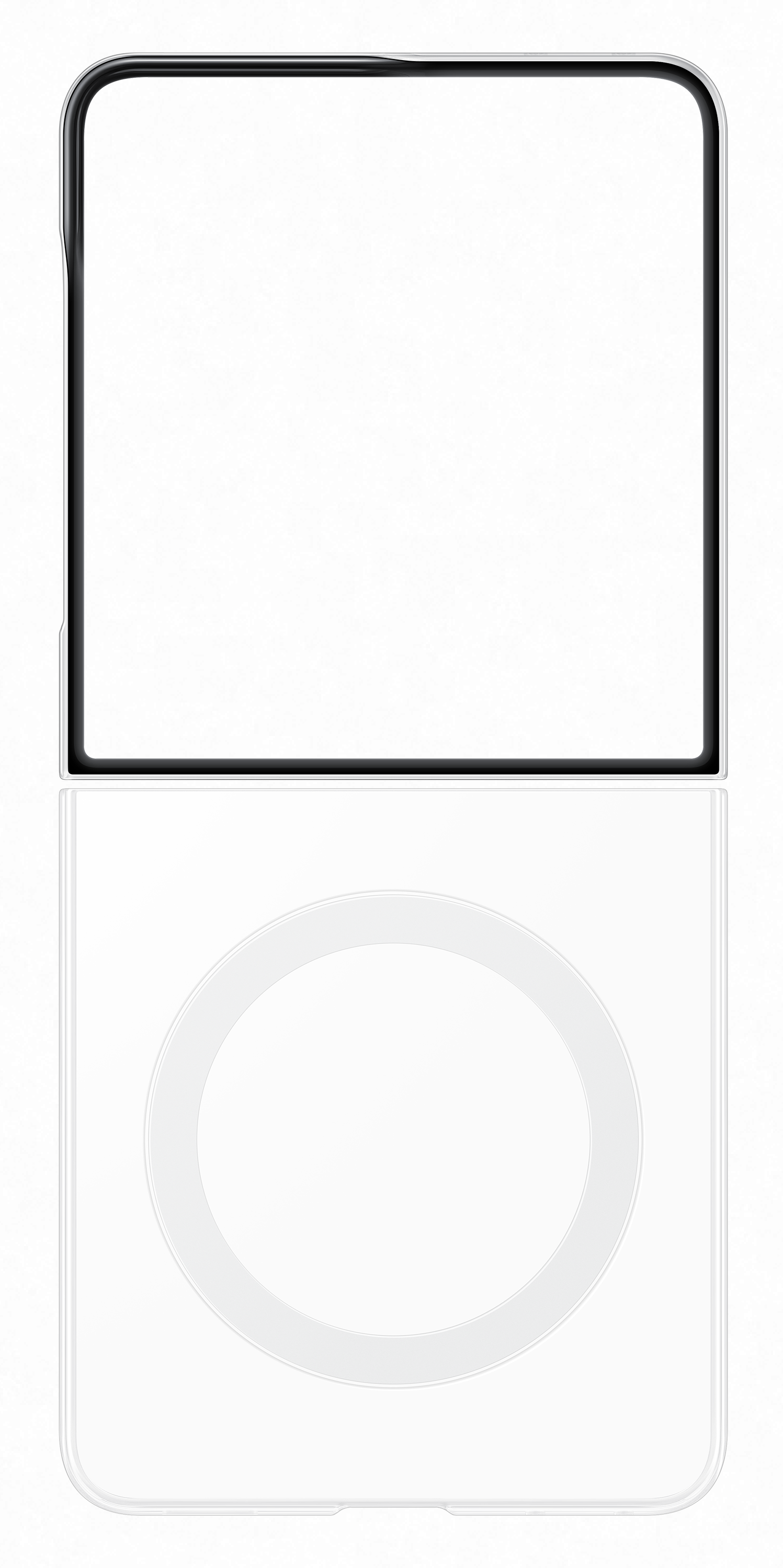 Biały smartfon z czarną ramką i okrągłym elementem poniżej.